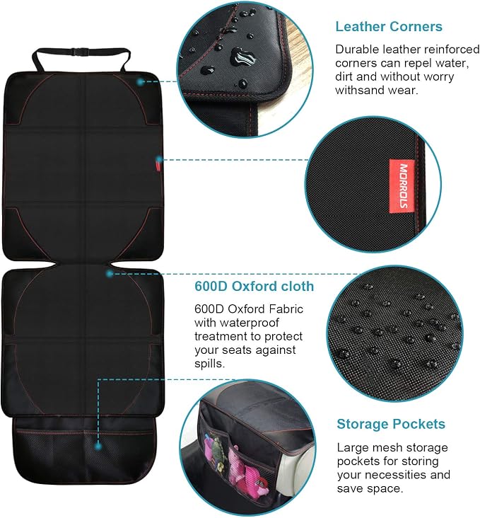 MORROLS Car Seat Protector, 2 Pack Carseat Protector with Thick Padding, Baby/Pets for Child Car Seat-Mesh Pockets-Waterproof-Universal Size(Black)