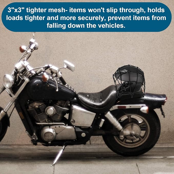 15.7"x15.7" 2Pack Bungee Cargo net Motorcycle, Made of Latex Heavy Duty Bungee Net Stretches to 33"x33", Luggage Thicken Netting with3 x3 Small Mesh&6 Adjustable Metal Hooks for Motorcycle, Bike, ATV