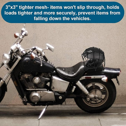 15.7"x15.7" 2Pack Bungee Cargo net Motorcycle, Made of Latex Heavy Duty Bungee Net Stretches to 33"x33", Luggage Thicken Netting with3 x3 Small Mesh&6 Adjustable Metal Hooks for Motorcycle, Bike, ATV