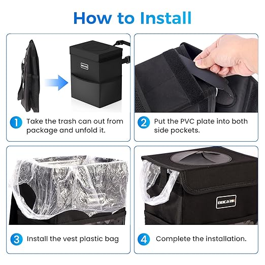 Beicarin Car Trash Can with Lid - Trash Bag Hanging with Storage Pockets Leak-Proof Organizer Collapsible and Portable Waterproof Garbage Bin, 2.2 Gallons Multipurpose Trash Bin for Car