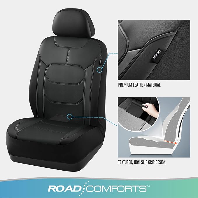 Road Comforts Seat Covers, Premium Leather Car Seat Covers Full Set,Airbag Compatible, Automotive Seat Covers Universal Fit Most Cars,Vans,Truck,SUV, Black