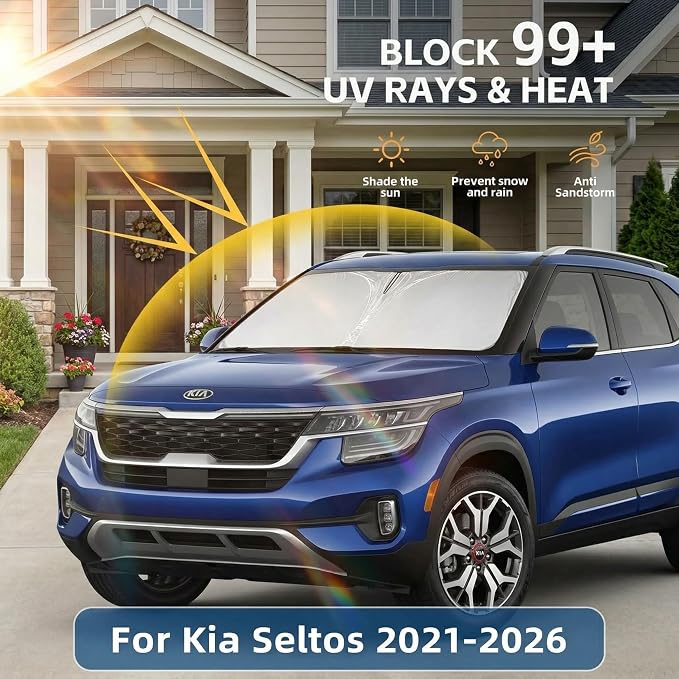 Windshield Sun Shade for Kia Seltos 2021-2024 2025 2026 Sunshade Front Window Shade Custom Fit Seltos Accessories Sun Visor Foldable Shade Blocks UV Rays Accessories