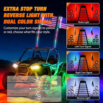 Nilight 2PCS 3FT RGB LED Whip Light with Spring Base and 6 PCS Rock Lights Combo, Remote App Control w/DIY Chasing Patterns Turn Signal Brake Reverse Antenna Lighted Whips for ATV UTV Polaris RZR Jeep