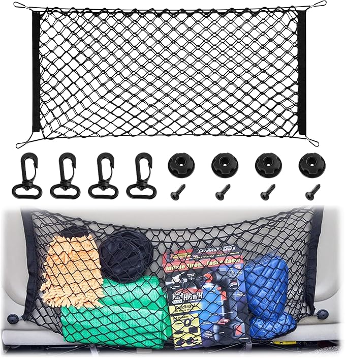 Cargo Net, Premium Dual-Layer Nylon Cargo Net for SUV, Automotive Exterior Accessories, Adjustable Elastic Trunk Net with Hook, Car Accessories for SUV, Truck, Pickup (35.4x15.7 Inch)