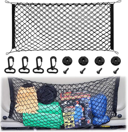 Cargo Net, Premium Dual-Layer Nylon Cargo Net for SUV, Automotive Exterior Accessories, Adjustable Elastic Trunk Net with Hook, Car Accessories for SUV, Truck, Pickup (35.4x15.7 Inch)