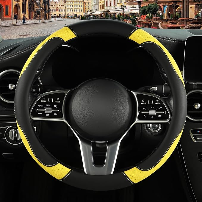 Microfiber Leather Steering Wheel Cover, Breathable, Anti Slip, Universal 15 inch, Black with Yellow