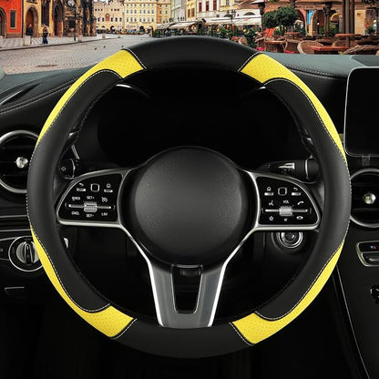 Microfiber Leather Steering Wheel Cover, Breathable, Anti Slip, Universal 15 inch, Black with Yellow