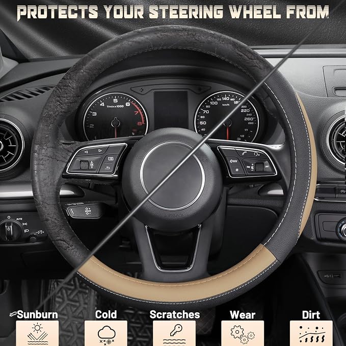 SEG Direct Car Steering Wheel Cover for Prius Civic Model 3 Model Y Camaro, Small Size 14-14.25 inch, Black and Beige Microfiber Leather