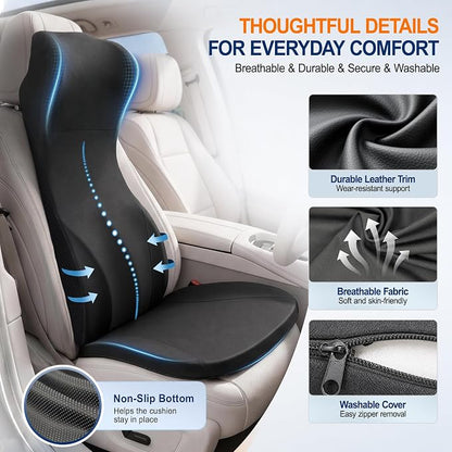 2 Piece Car Seat Cushion Set: 3-in-1 Memory Foam Driver Seat Cushion, Integrated Lumbar Support with Headrest Pillow for Pain Relief, Back Support with Neck Pillow for Car, Truck, SUV - Black