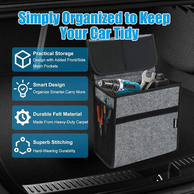 Car Trunk Organizer,Soft Felt Car Bag Organizer 12x7x12 inch Folding,for Honda CRV Civic Accord Ford Focus Fusion Toyota RAV4 Jeep SUV/Truck/Sedan（Gray