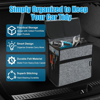Car Trunk Organizer,Soft Felt Car Bag Organizer 12x7x12 inch Folding,for Honda CRV Civic Accord Ford Focus Fusion Toyota RAV4 Jeep SUV/Truck/Sedan（Gray