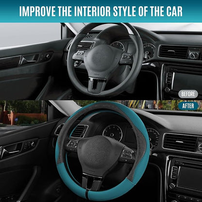 PIC AUTO Steering Wheel Cover, Black Patterned & Blue Leather Patchwork Design, Universal Fit 14.5"–15.5", Anti-Slip, Odor-Free, Soft PU Grain Leather, Durable Grip Car Accessory for Girls & Women