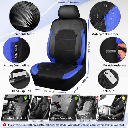 CAR PASS Leather seat Covers,Automotive Universal Sport car seat Cover Super 5mm Composite Sponge Inside,Airbag Compatible fits Most Cars, SUVs, Trucks, and Vans (Full Set,Black and Blue)