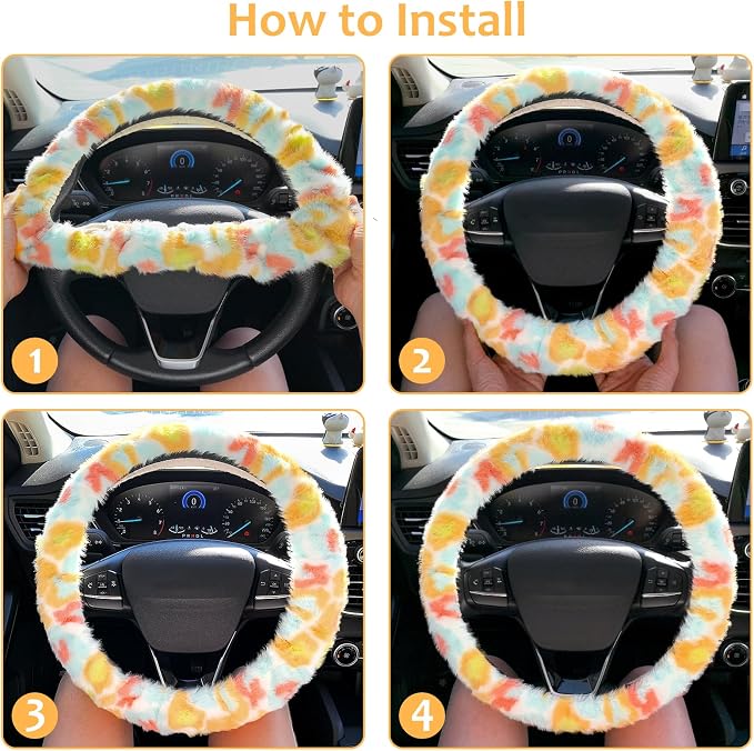 Accmor Fuzzy Car Steering Wheel Cover, Universal Fluffy Auto Wheel Cover & Handbrake Cover & Gear Shift Cover Set, Soft Warm Steering Wheel Protector Car Accessories for Men Women Girls, Colorful