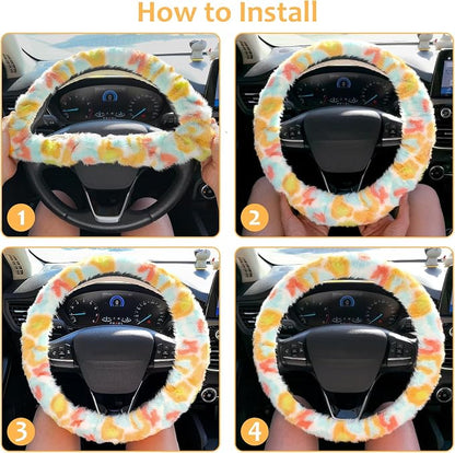 Accmor Fuzzy Car Steering Wheel Cover, Universal Fluffy Auto Wheel Cover & Handbrake Cover & Gear Shift Cover Set, Soft Warm Steering Wheel Protector Car Accessories for Men Women Girls, Colorful