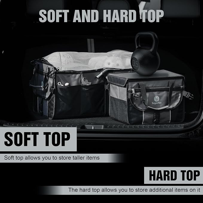 SugarFox Car Trunk Organizer for SUV - 63L+26L Modular Storage, Heavy-Duty, Foldable Waterproof, Soft & Hard Covers, Non-Slip, Multi-Compartment, Black M006