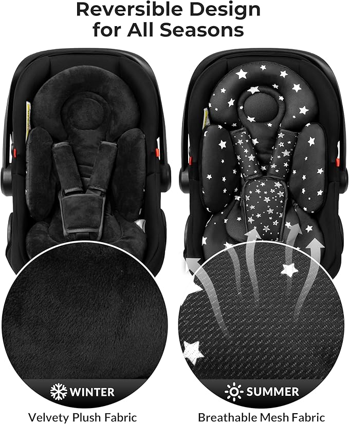 TinlyFinly Newborn Car Seat Insert, Head and Body Support, Reversible Infant Insert Compatible with Baby Carseat, Stroller, Mamaroo Swing, Rocker, Bouncer. Baby Car Seat Cushion - Black