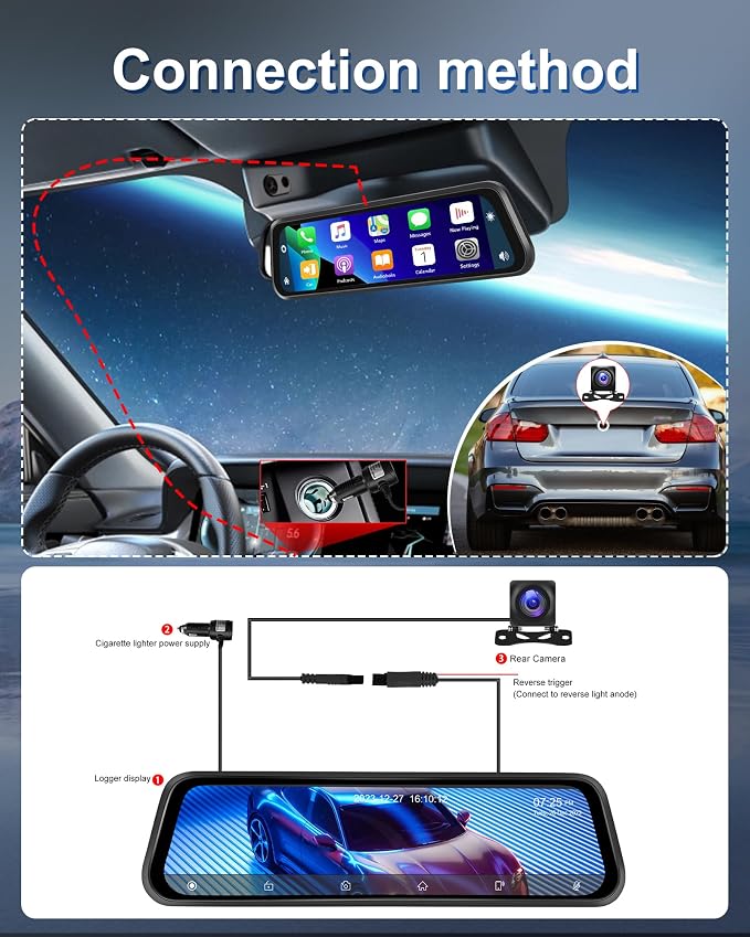 Podofo 12" Mirror Dash Cam with Wireless Carplay&Android Auto,4K Front Mirror Dash Cam with IPS Touchscreen,Support Night Vision,Voice Control,Parking Assistance,G-Sensor,24H Parking Monitor
