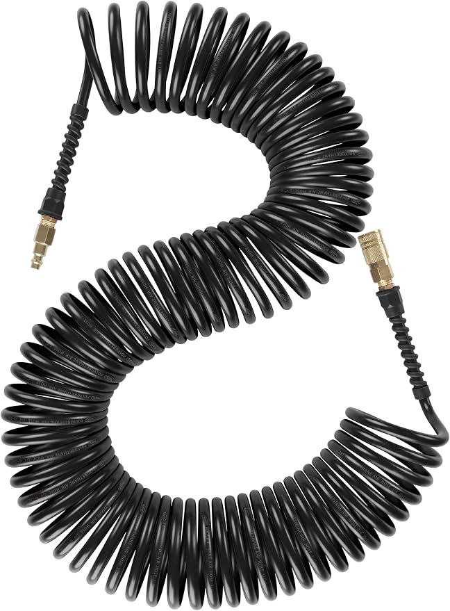 Keepro Polyurethane Recoil Air Hose, 1/4 Inch ID By 50 Feet Long Air Compressor Hose with Repairable Solid Brass 1/4" Industrial Quick Coupler and Plug, 145 PSI Maximum Pressure, Black