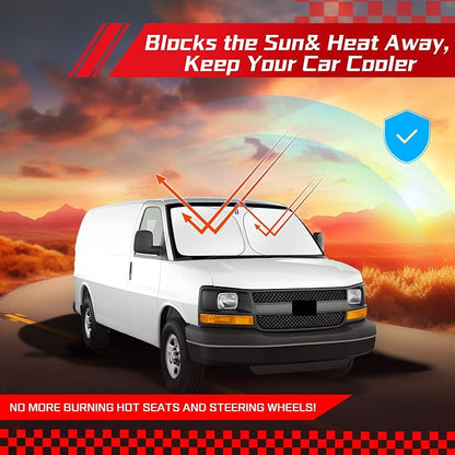 ARISMOTOR Windshield Sun Shade for Chevy Express 1500 2500 3500 4500 1996-2026/GMC Savana 1996-2025, Custom Fit Foldable Front Window Sunshade Sun Visor Protector, Block UV Rays Keep Your Car Cooler
