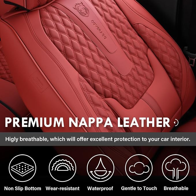 Coverado Car Seat Covers Full Set, Red Seat Covers for Car with Lumbar Support, Nappa Leather Seat Covers Waterproof Car Seat Protectors Universal Fit for Most Cars SUV Trucks