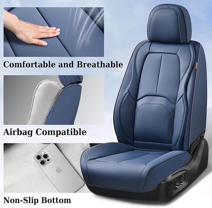 Coverado Car Seat Covers Full Set, Blue Car Seat Cover, Nappa Leather Seat Covers for Cars, Waterproof Car Seat Protector with Lumbar Support, Automotive Seat Covers Universal Fit for Most Cars (Blue)