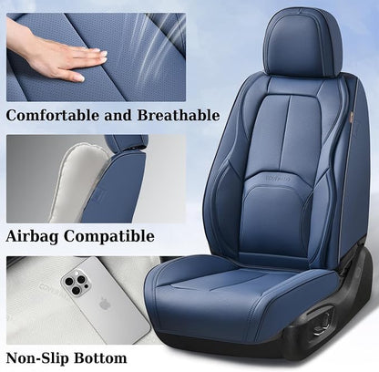 Coverado Car Seat Covers Full Set, Blue Car Seat Cover, Nappa Leather Seat Covers for Cars, Waterproof Car Seat Protector with Lumbar Support, Automotive Seat Covers Universal Fit for Most Cars (Blue)