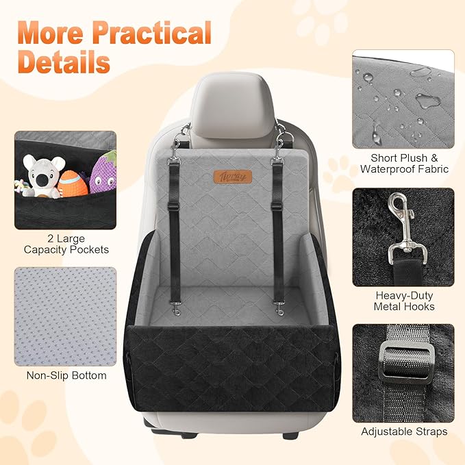 Elevated Dog Car Seat, Dog Booster Car Seats for Small & Medium Breeds Up to 35lbs, Fully Detachable and Washable, Soft Foam Pet Carseat with 2 Storage Pockets & 3 Safety Belts, Black & Gray