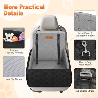 Elevated Dog Car Seat, Dog Booster Car Seats for Small & Medium Breeds Up to 35lbs, Fully Detachable and Washable, Soft Foam Pet Carseat with 2 Storage Pockets & 3 Safety Belts, Black & Gray