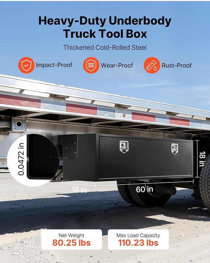 VEVOR Underbody Truck Tool Box, 60 x 18 x 18 Inch Heavy Duty Steel Trailer Storage Box with Lock & Keys, Waterproof Trailer Storage Organizer Under Body Chest with T-Handle for Truck, Van, SUV, Black