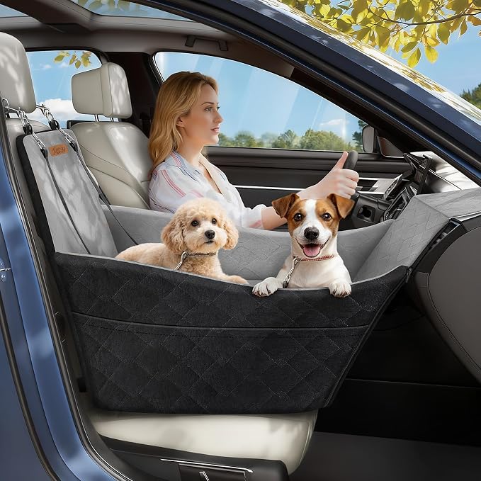 Elevated Dog Car Seat, Dog Booster Car Seats for Small & Medium Breeds Up to 35lbs, Fully Detachable and Washable, Soft Foam Pet Carseat with 2 Storage Pockets & 3 Safety Belts, Black & Gray