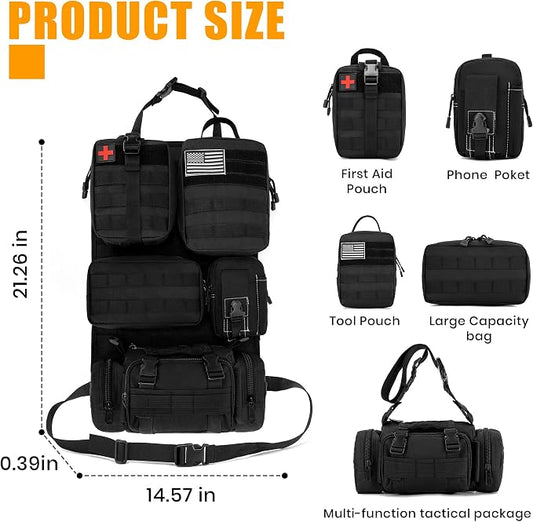 6 Pack Tactical MOLLE Car Seat Back Organizer - Universal Vehicle Storage Bag with 5 Detachable MOLLE Pouches, US Flag Patch & Keychain, Fits Jeep, Truck, SUV, Car (Black)