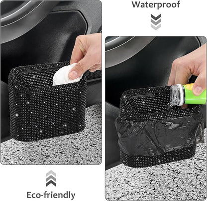 Accmor Bling Car Trash Can with Lid, Mini Vehicle Garbage Organizer Storage Bin Dustbin, Sparkling Crystal Rhinestone Holder Container with 30pcs Garbage Bags Car Accessories