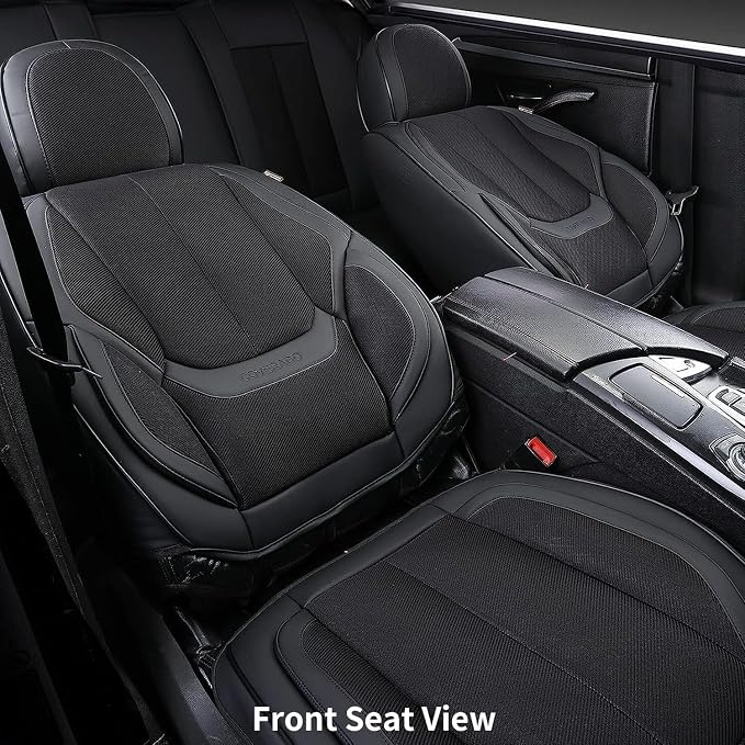 Coverado Front Seat Covers, 2 Pieces Universal Seat Covers for Cars, Breathable Fabric & Leather Car Seat Protectors, Car Seat Cushions Auto Accessories Fit for Most Sedans SUV Truck, Black