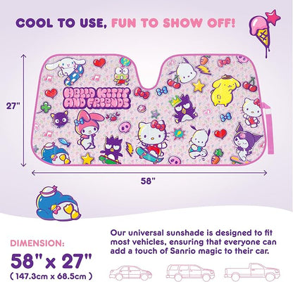 Carbella Hello Kitty and Friends Car Windshield Sun Shade, Official Sanrio Accordion Style Sunshade for Car Window, Cute Car Sun Shade Windshield, Hello Kitty Car Accessories for Women (HK & Friends)