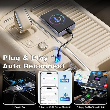 4-in-1 Wireless CarPlay & Android Auto Adapter, Screen Mirroring & HDMI Output for Cars with OEM Wired iPhone/Android, Plug & Play