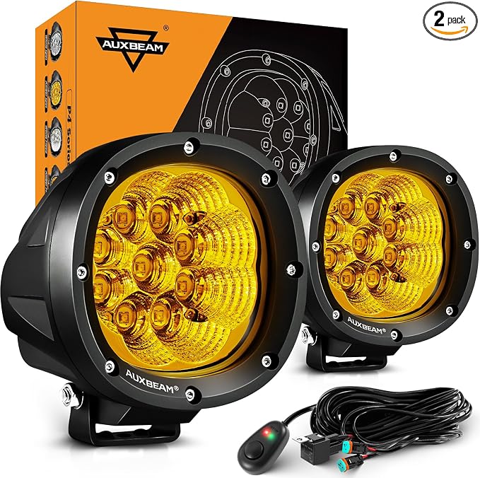 Auxbeam P4 Series Amber Round Fog Lamps 4-Inch 90W Flood Light Pods | Yellow driving lights for rain dust snow, 4x4 ATV Jeep truck motorcycle ditch lights, LED offroad light bar 2-pack