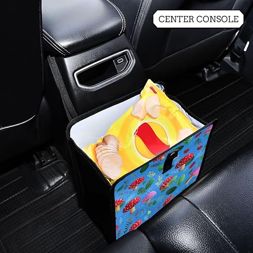 Car Trash Can Organizer Bin with Adjustable Strap for Back Front Seat Console Waterproof Leakproof Collapsible Portable 8.66 Inch Bright Blue Mushrooms Leaves and Ladybugs