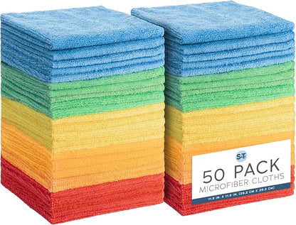 S&T INC. 50 Pack Microfiber Cleaning Cloth, Bulk Towels for Home, Reusable Microfiber Towels for Cars, Cleaning Rags, Assorted, 11.5 Inches x 11.5 Inches, 50 Count