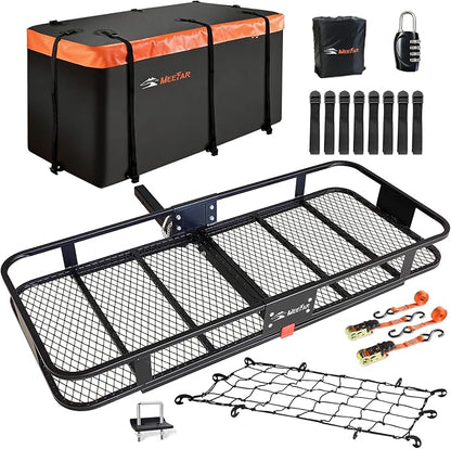 Hitch Mount Cargo Carrier Basket 60"*25"*6"+Waterproof Bag 25 Cubic Feet(60"*24"*31"),and Cargo Net with Attachment Hooks,Ratchet Straps,Hitch Stabilizer.500 Lbs Capacity,Foldable,fit 2" Receiver