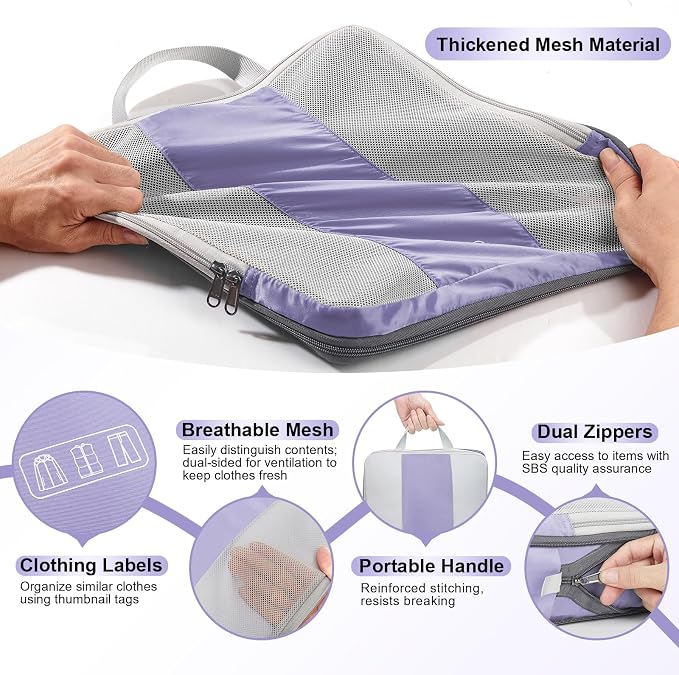 OlarHike 8 Set Compression Packing Cubes for Travel Essentials,Compressible Expandable Space Saver Bags for Organizing Clothes,Luggage Suitcase Garment Bags with Over 1000 pcs Mesh Holes(Purple Gray)