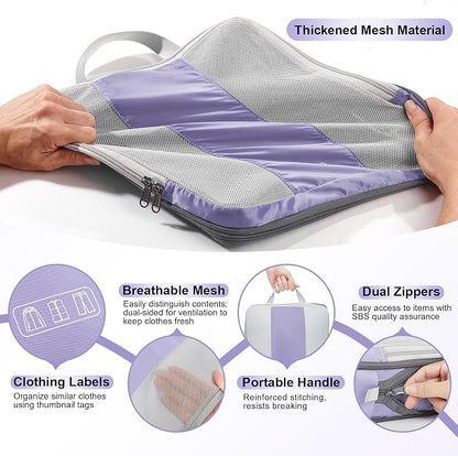 OlarHike 8 Set Compression Packing Cubes for Travel Essentials,Compressible Expandable Space Saver Bags for Organizing Clothes,Luggage Suitcase Garment Bags with Over 1000 pcs Mesh Holes(Purple Gray)