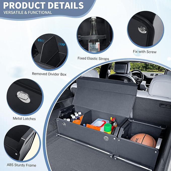 Car Trunk Organizer, Leather Trunk Organizer for SUV with Lid and Sturdy Handle Collapsible Adjustable Storage (Black, 41 x 11.4 x 12.2in)
