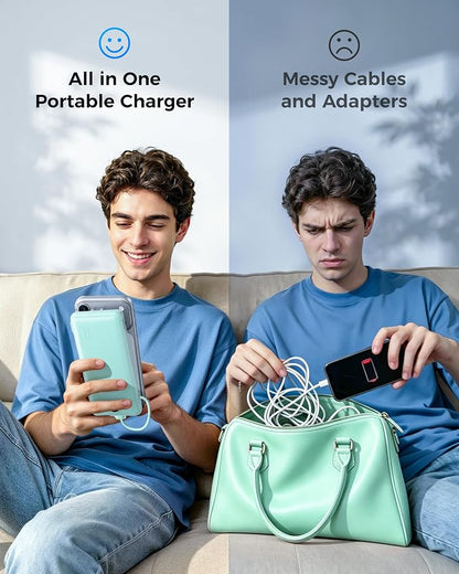 VEGER Portable Charger with Built-in AC Plug and Cables, All in One 10000mAh Ultra Slim Power Bank Emergency Fast Charging for Travel Battery Pack Compatible with iPhone, Samsung, Android, Green