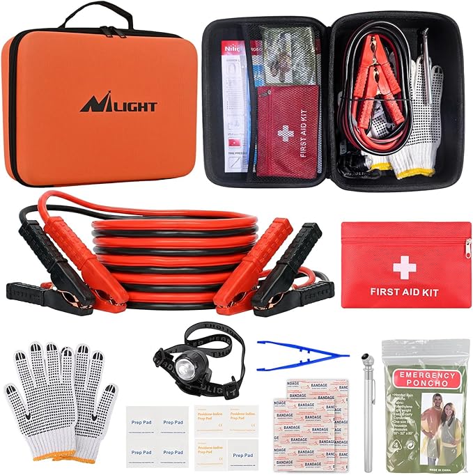 Nilight Car Emergency Kit with Jumper Cable, First Aid Kit Safety Assistance Tools for Travel Camping Outdoor Cars Truck SUV RV, Roadside Essentials with Flash Light