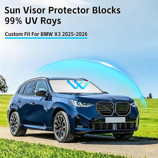 Windshield Sun Shade for BMW X3 2025 2026 Sunshade 300T Windshield Cover Shield Protector Blocks UV Rays Custom Fit X3 Front Window Shades Windshield Accessories Keep Cool Foldable