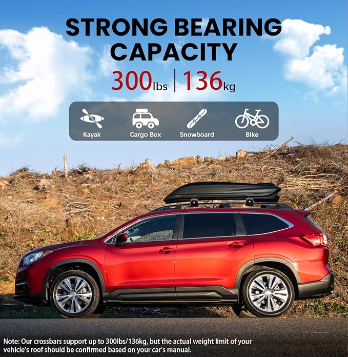 300lbs Roof Rack Cross Bars Compatible with Subaru Ascent 2019-2026, Aluminum Heavy Duty Roof Crossbar with Lock for Rooftop Cargo Carrier Luggage Kayak Canoe Bike Snowboard