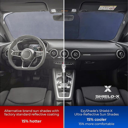 EzyShade Windshield Sun Shade for Jeep Wrangler 1986-2017 with Shield-X Reflective Technology. Foldable 2-Piece Car Sunshade for Jeep Wrangler, Gladiator, Renegade, FJ Cruiser, Bronco. X-Small Size
