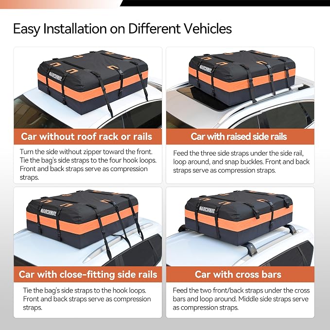 MARCHWAY Waterproof Car Roof Luggage Bag, Weatherproof Soft Shell Rooftop Cargo Carrier Bag for Vehicles with or Without Rack. 6 Door Hooks, Anti Slip Mat, Lock Included (15 Cubic Feet, Orange)