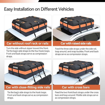 MARCHWAY Waterproof Car Roof Luggage Bag, Weatherproof Soft Shell Rooftop Cargo Carrier Bag for Vehicles with or Without Rack. 6 Door Hooks, Anti Slip Mat, Lock Included (15 Cubic Feet, Orange)